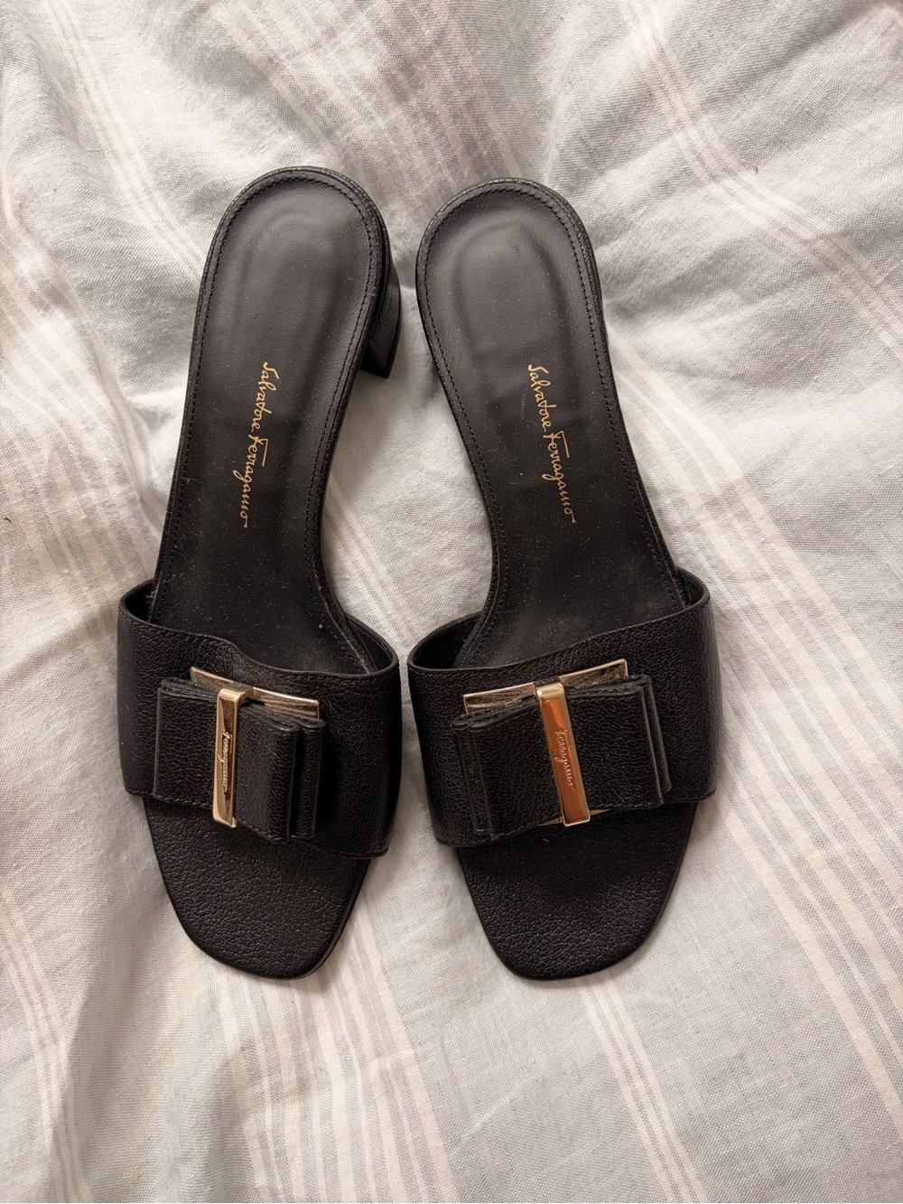 Salvatore Ferragamo Black Leather Bow Slide Mules with Gold Hardware